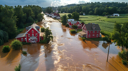 A river swollen after days of heavy rain, overflowing its banks and threatening nearby homes and fields