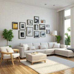 Modern living room interior with a white sectional sofa, stylish armchair, and a gallery wall of framed pictures. Natural light fills the space, enhancing the cozy and elegant ambiance.