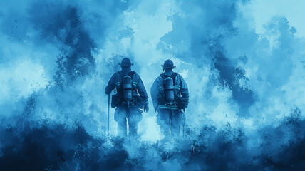Two men in blue uniforms are walking through a foggy, misty forest - obrazy, fototapety, plakaty