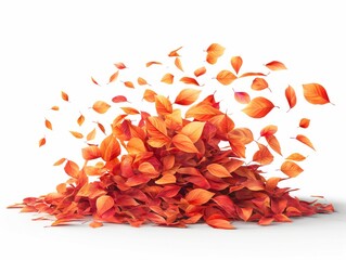 A pile of orange leaves is scattered on a white background. The leaves are falling from a tree, creating a sense of autumn and the changing of the seasons. The image evokes a feeling of nostalgia