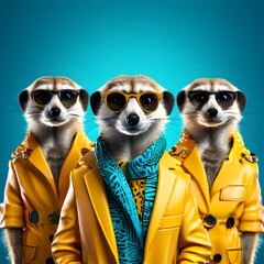 meerkat in a group with vibrant bright color fashionable dress - obrazy, fototapety, plakaty