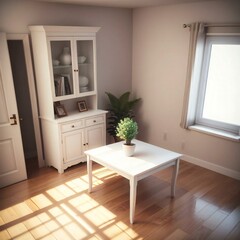 A cozy room with a white cabinet, a small table with a plant, and sunlight casting shadows on the wooden floor.