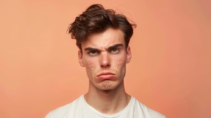 Obraz premium Portrait of a young man with a frustrated expression, displaying acne holes on his face, against a peach background.