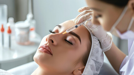 Visualize close-up image capturing the skilled hands of cosmetologist as they delicately administer Botox injection into the facial of female client.