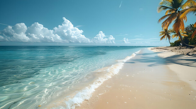 A secluded beach with white sand and crystal-clear water, palm trees swaying gently in a light breeze