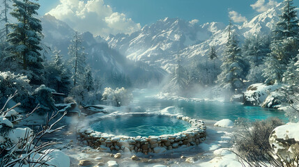 A secluded hot spring in a snowy landscape, steam rising from the warm water while snowflakes...