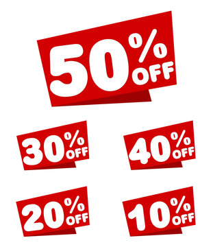 Discounts numbers of percent sign in red and white colors isolated on white background, from 10% to 50% discounts. 