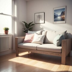 Cozy living room with a modern sofa, cushions, a large window, and a framed landscape photo on the wall.