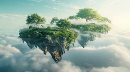 Explore surreal 3D floating islands with lush landscapes on abstract terrains, where dreams come alive. 3d background abstract