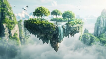 Dreamy and imaginative, experience lush landscapes on surreal 3D floating islands across abstract terrains. 3d background abstract