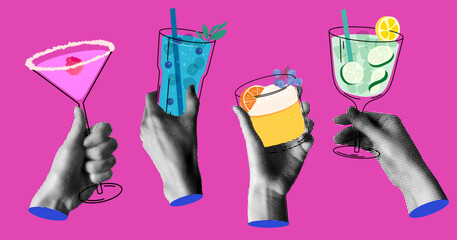 Group people drink summer cocktails. Halftone hands holding alcoholic and non-alcoholic drinks. People celebrate event together. Modern collage. Newspaper elements.  - obrazy, fototapety, plakaty