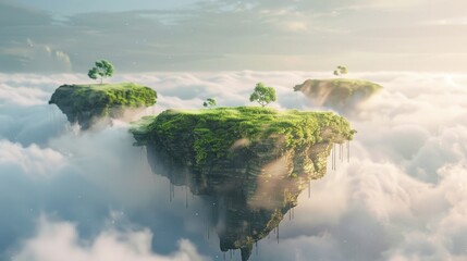 Immerse in the dreamy world of surreal 3D floating islands, featuring lush landscapes on abstract terrains. 3d background abstract - obrazy, fototapety, plakaty