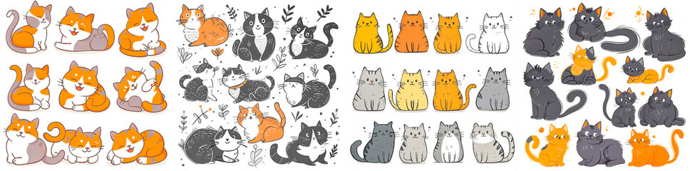 Vector set of cute cat drawings in various poses. Includes cartoon drawings of cats in flat colors. Funny pets isolated on a white background. Great for use in design projects.
