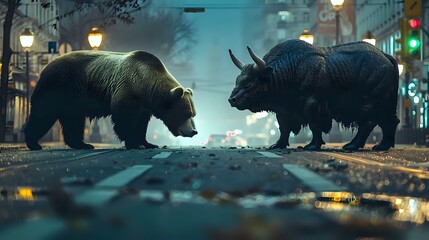 Market Metaphor: The Bear and Bull Square Off in a Tense Standoff - obrazy, fototapety, plakaty