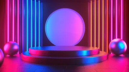 Elevate your showcase with a lively 3D podium, illuminated by dynamic lighting amidst a colorful backdrop, ensuring an eye-catching presentation. 3d background podium