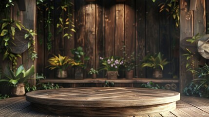 Fototapeta premium Bring a touch of rustic charm to your presentations with a wooden 3D podium in a cozy, warm environment, creating a natural and inviting appeal. 3d background podium