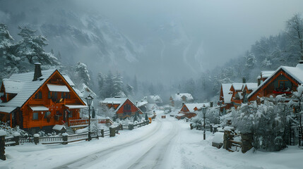 A snowy day in a mountain village, the heavy snow creating a picturesque winter scene, ideal for winter sports enthusiasts