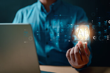 ai, artificial, future, intelligence, solution, information, transformation, machine, network, innovation. A man is holding a light bulb. Concept of innovation with new ideas and creativity.