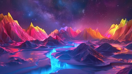 Fototapeta premium Vibrant 3D scenery featuring neon-hued peaks, glowing waterways, and a starlit backdrop, evoking a surreal atmosphere. 3d backgrounds
