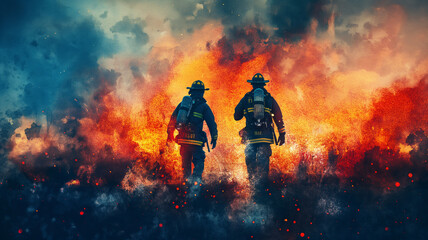Two firefighters are walking through a burning forest