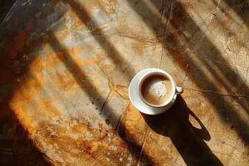 Café solo en taza blanca sobre una superficie de mármol con sombras y luz solar