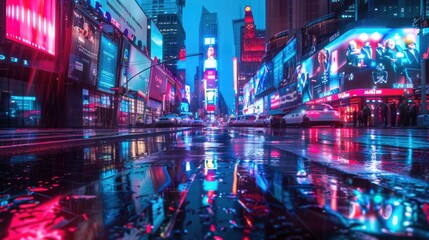 Futuristic city skyline: vibrant neon lights, holographic adverts, mirroring on damp pavement, creating a modern cyberpunk vibe. 3d backgrounds