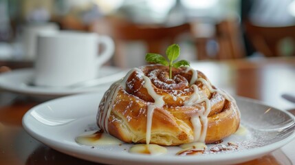 Image of a cinnamon roll on a white plate for morning meal
