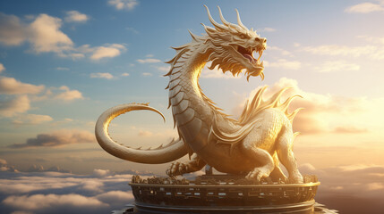 Serene Chinese golden dragon perched atop a gleaming white pedestal, its gaze fixed on distant horizons 