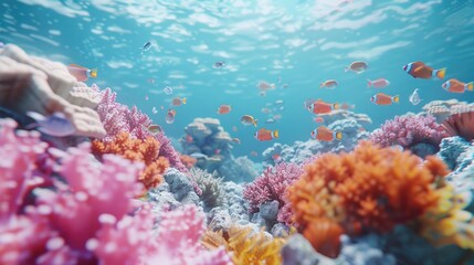 Fototapeta na wymiar Dynamic 3D underwater display featuring lively coral reefs and elegant fish swimming, illustrating the enchanting beauty and rich biodiversity below the sea. 3d backgrounds