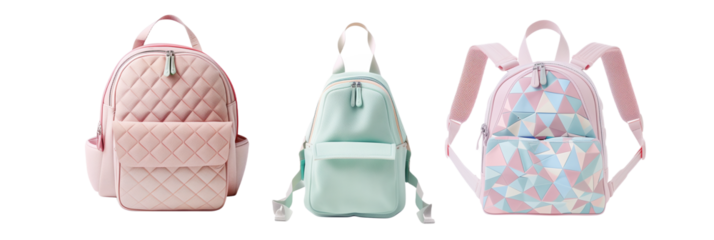 set of different school bags with triangular motifs and pastel shades, for a soft aesthetic, isolated on transparent background