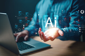 ai, database, artificial intelligence, brain, future, intelligence, learning, neural, artificial, innovation. A man is holding a laptop with AI screen. Concept of artificial intelligence and potential