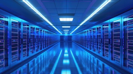 Cutting-edge server setup: sleek data servers in a 3D high-tech environment with blue LED lighting, representing the essence of modern technology and connectivity. 3d backgrounds