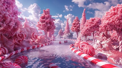 Magical candy paradise: 3D landscape of chocolate rivers and candy cane trees in a whimsical setting, immersing viewers in a dreamy and fun-filled realm. 3d backgrounds