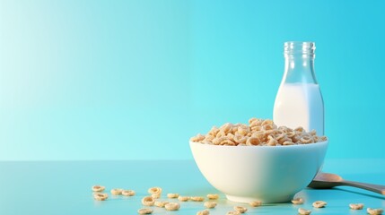 bowl with cereals and spoon placed near bottle of water on blue background representing concept of recycling packaging
