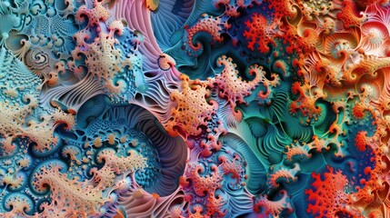 Fototapeta na wymiar Mesmerizing fractal intricacies: 3D patterns with infinite details in a vibrant color spectrum, hinting at intricate complexity and organized chaos. Abstract 3d background