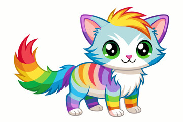 very cute baby cat, rainbow fur, full body, plain white background