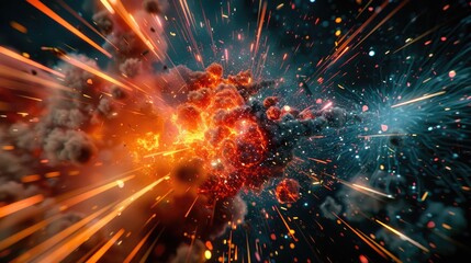 Colorful and energetic explosion of particles in a dynamic composition. Abstract 3d background