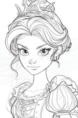  a cartoon princess outline, designed for coloring, seamless white background, suitable for preschoolers