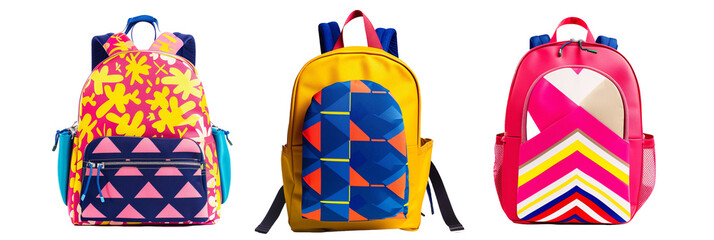 set of different backpacks with geometric patterns and vibrant hues for teenagers, isolated on transparent background