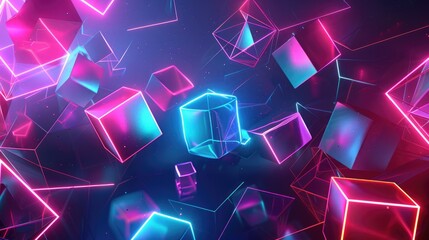 Vibrant neon shapes glow in a 3D space, with dark background highlighting their edges. 3d background abstract