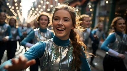 A smiling girl in a blue dress stands out among other dancers in the background
