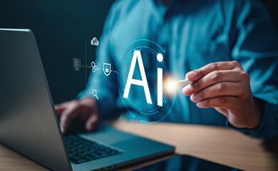 ai, brain, artificial, future, intelligence, learning, neural, integration, algorithm, innovation. A man is using a laptop with AI virtual. Concept of technology and innovation.