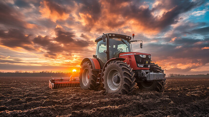 A red tractor is in a field with a beautiful sunset in the background