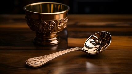 An elegant gold cup and spoon placed on a wooden table