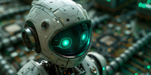 Futuristic Robot at Work: Realistic Green-Eyed AI in Dark Tech Background - obrazy, fototapety, plakaty