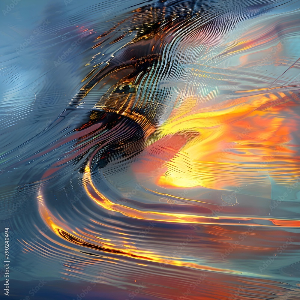 Poster Abstract art of a vibrant sunset distorted by the gentle ripples of water, creating a mesmerizing and dynamic pattern.