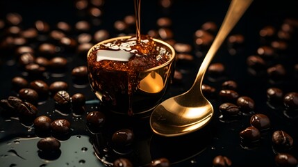  Coffee beans and golden spoon on black background. Vector art on transparent background