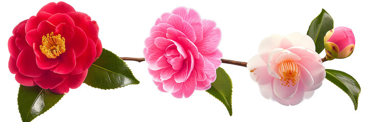 set of camellia flowers, colorful and blooming, isolated on transparent background