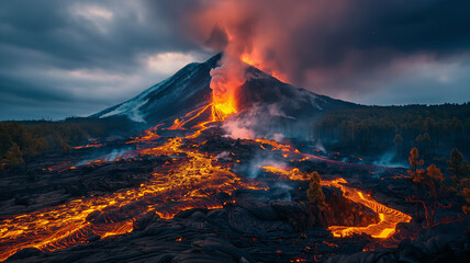 A volcano erupts with lava spewing out of it - obrazy, fototapety, plakaty