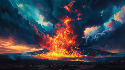 A fiery explosion is depicted in a painting of a volcano - obrazy, fototapety, plakaty